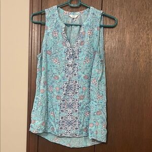 Crown & Ivy Floral Sleeveless Blouse - Aqua and Pink Medium